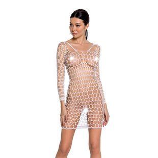 Бодістокінг-сукня з глибоким коміром Passion BS093 white, довгі рукави SO6399 фото