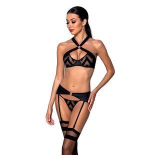 Сетчатый набор с узором, бюстгальтер, трусики, пояс для чулок Passion HIMA SET XXL/XXXL black SO5354 фото