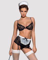 Эротический костюм горничной Obsessive Maidme set 5pcs S/M, бюстгальтер, пояс с фартуком, чулки SO7290 фото