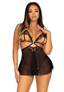 Сорочка бебі-дол з відкритими чашками Leg Avenue Lace and mesh babydoll & panty Black S, стрінги SO9163 фото