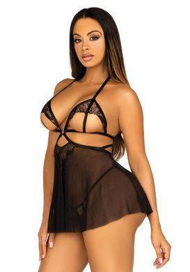 Сорочка беби-долл с открытыми чашками Leg Avenue Lace and mesh babydoll & panty Black S, стринги SO9163 фото