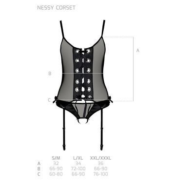 Корсет зі шнурівкою Passion NESSY CORSET L/XL black, стрінги з відкритим доступом, пажі для панчіх SO8454 фото