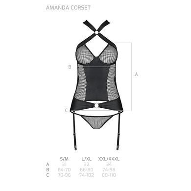 Сітчастий комплект корсет з халтером, зйомні підв'язки та трусики Passion AMANDA CORSET L/XL, black SO5318 фото