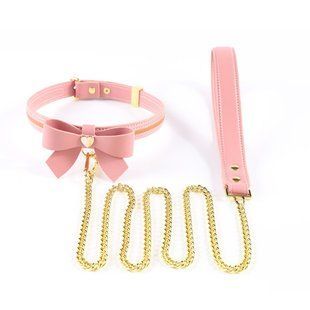 Ошейник с поводком LOCKINK SEVANDA Love Heart Butterfly Leather Collar Set, розовый, с бантом SX0864 фото
