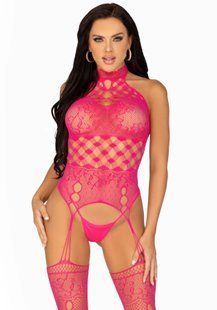 Кружевной бодистокинг с открытым доступом Leg Avenue High neck lace bodystocking One size Raspberry SO8572 фото