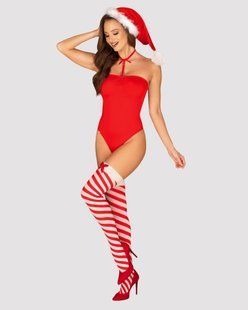 Тедди Obsessive Kissmas teddy, S/M, красное, без бретелей, чокер, чулки и шапка с помпоном в наборе SX1152 фото