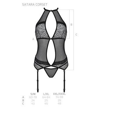 Корсет з пажами Passion SATARA CORSET XXL/XXXL black, стрінги, мереживо, застібки спереду та ззаду SO8477 фото
