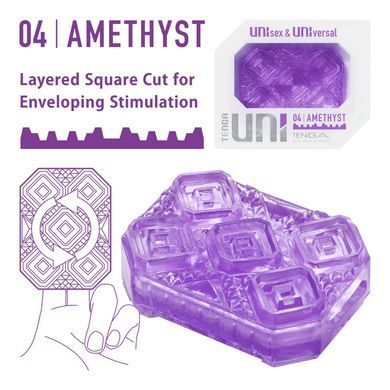 Унисекс-стимулятор Tenga UNI Amethyst, фиолетовый, узор в виде рельефных квадратов, лубрикант в комплекте SO9808 фото