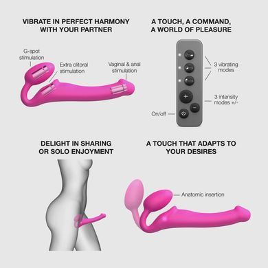 Безремінний страпон з вібрацією Strap-On-Me Vibrating Fuchsia M, діаметр 3,8 см, пульт ДК, регульований SX2571 фото