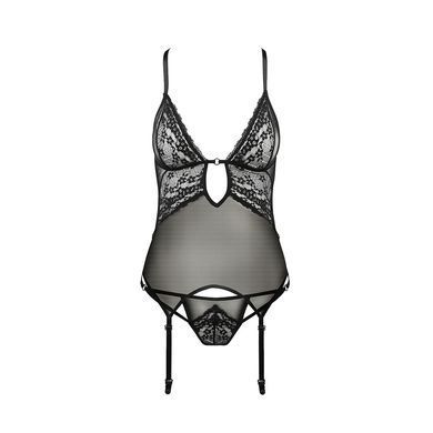 Корсет з декольте Passion ERZA CORSET S/M, black, пажі, трусики, напівпрозорий PS26008 фото