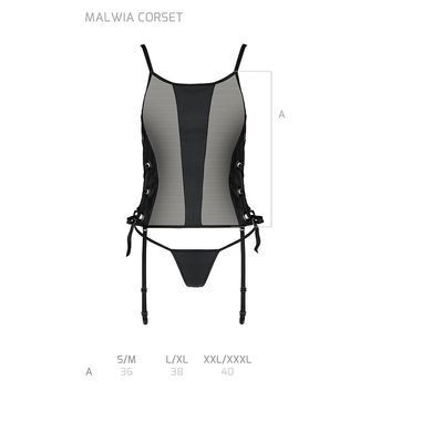 Сітчастий корсет з люверсами та знімними пажами Passion MALWIA CORSET S/M, black, екошкіра, стрінги SO5766 фото