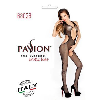 Бодістокінг Passion BS028 black, комбінезон, дрібна сіточка з квітковим малюнком на ногах PBS028B фото