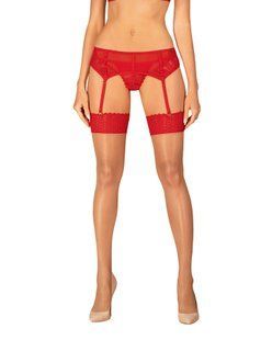 Чулки Obsessive Ingridia stockings XL/2XL, бежевые с красной резинкой SO9042 фото